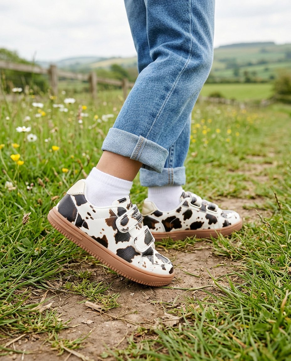 Zapatilla barefoot Conguitos estampado vaca puesta con vaqueros y calcetín blanco, en un camino de campo
