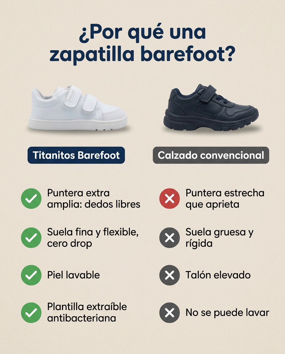 ¿Por qué una zapatilla barefoot? Titanitos Ivan con puntera extra amplia, suela fina cero drop, piel lavable y plantilla extraíble frente a un calzado convencional