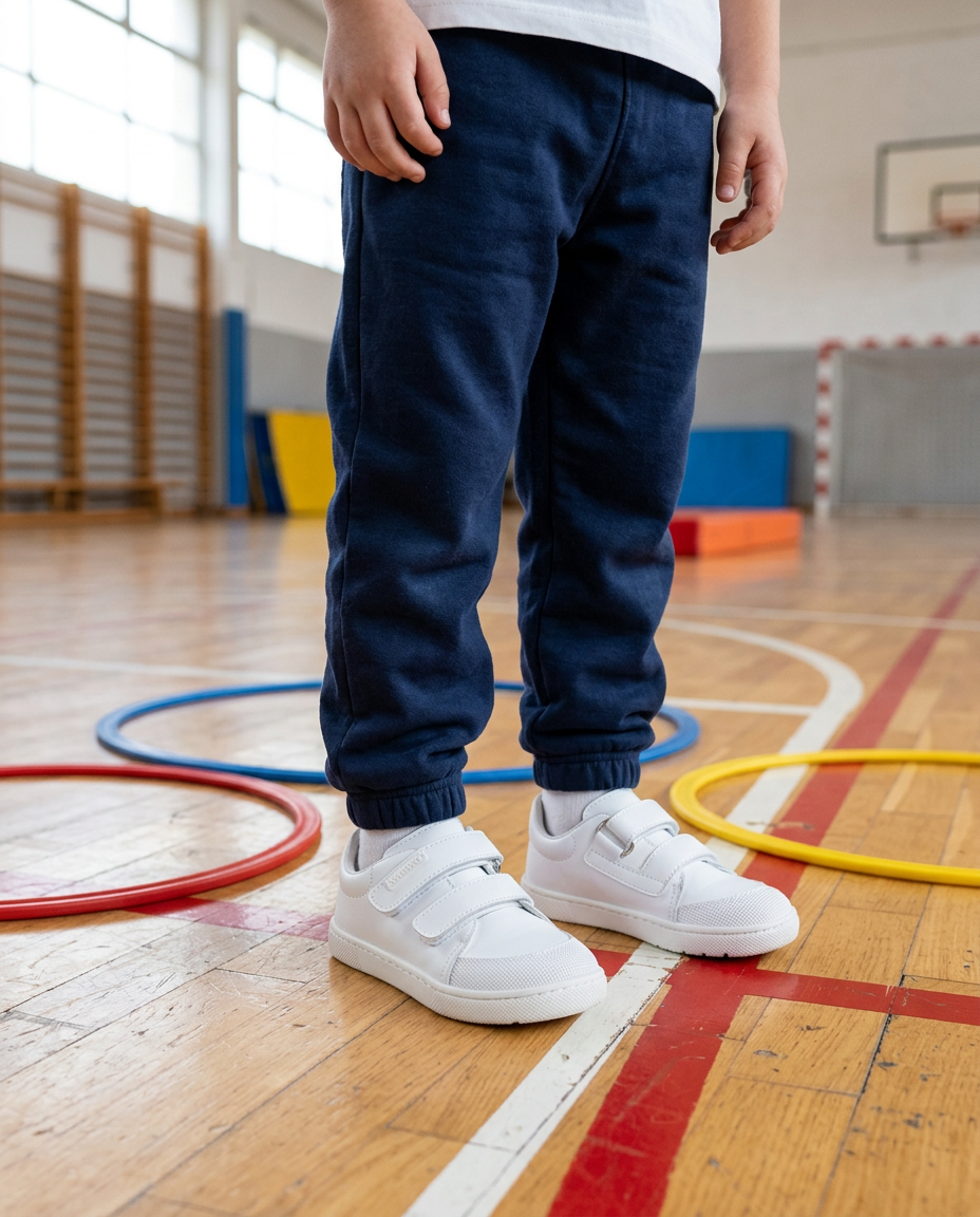 Zapatilla barefoot Titanitos Ivan blanca de piel lavable puesta con calcetín blanco y chándal, en el gimnasio del colegio