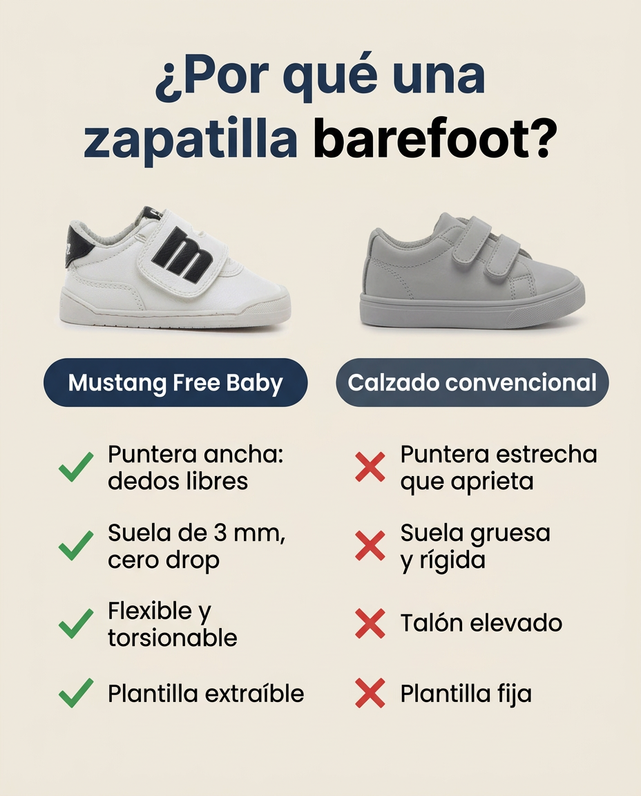 ¿Por qué una zapatilla barefoot? Mustang Free Baby con puntera ancha, suela de 3 mm cero drop, flexible y plantilla extraíble frente a un calzado convencional