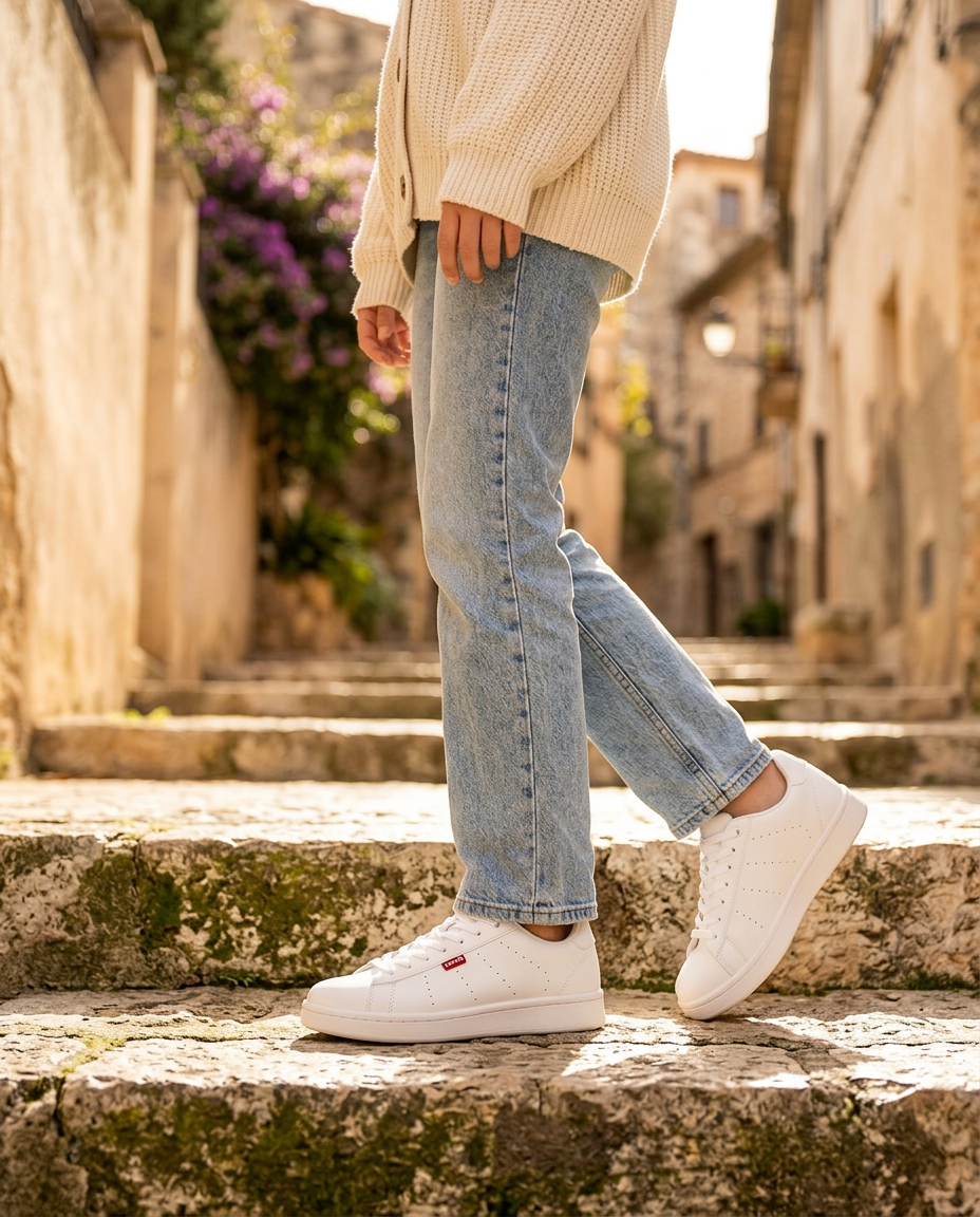 Zapatilla casual Levi's blanca puesta con vaqueros claros bajando unas escaleras de piedra
