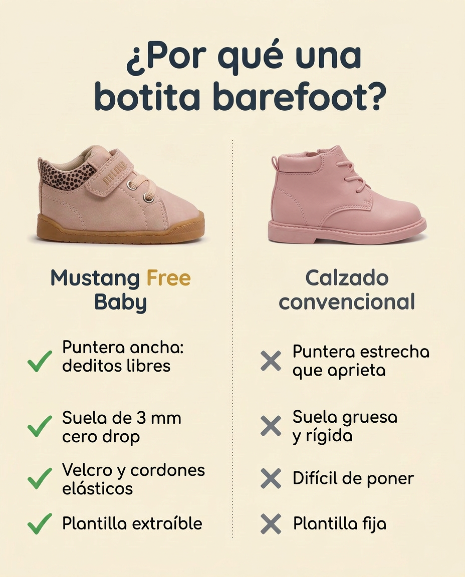 ¿Por qué una botita barefoot? Mustang Free Baby con puntera ancha, suela de 3 mm cero drop, velcro y cordones elásticos y plantilla extraíble frente a un calzado convencional