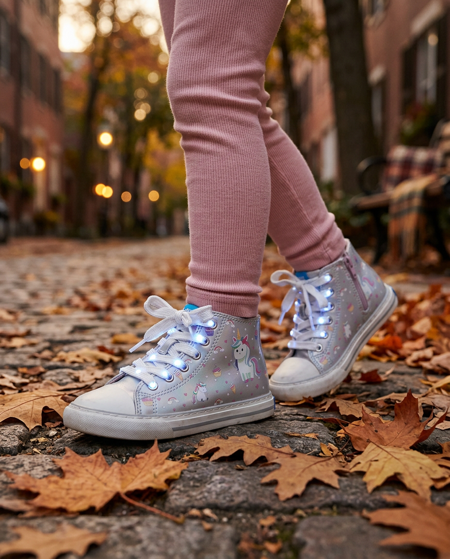 Botín barefoot Mustang Free Emi plata con unicornios y cordones con luces blancas, puesto con leggings rosas en una calle otoñal
