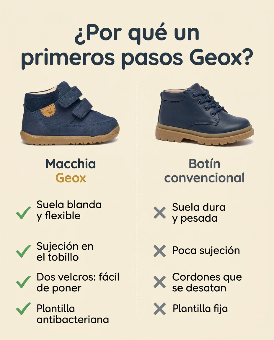 Por qué un primeros pasos Geox: suela blanda y flexible, sujeción en el tobillo, dos velcros y plantilla antibacteriana