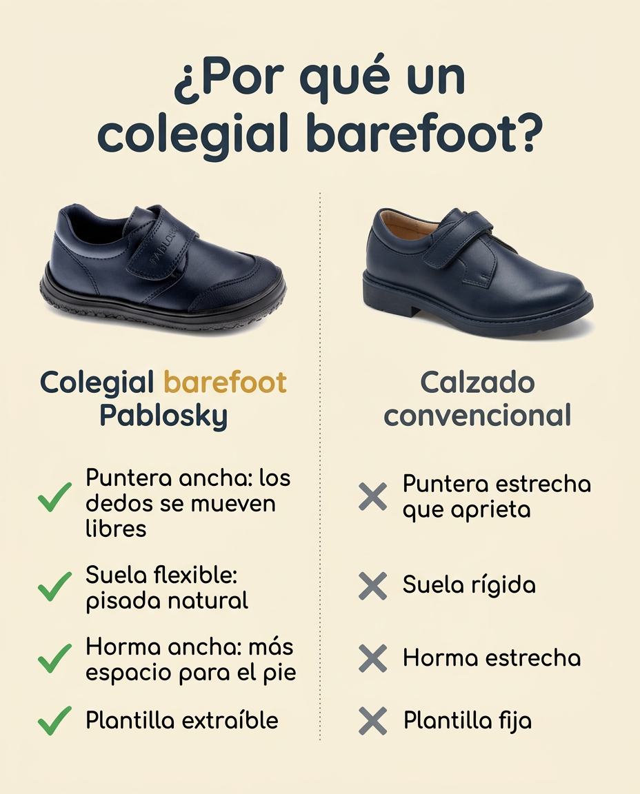 ¿Por qué un colegial barefoot? Pablosky azul marino con puntera ancha, suela flexible, horma ancha y plantilla extraíble frente a un calzado convencional