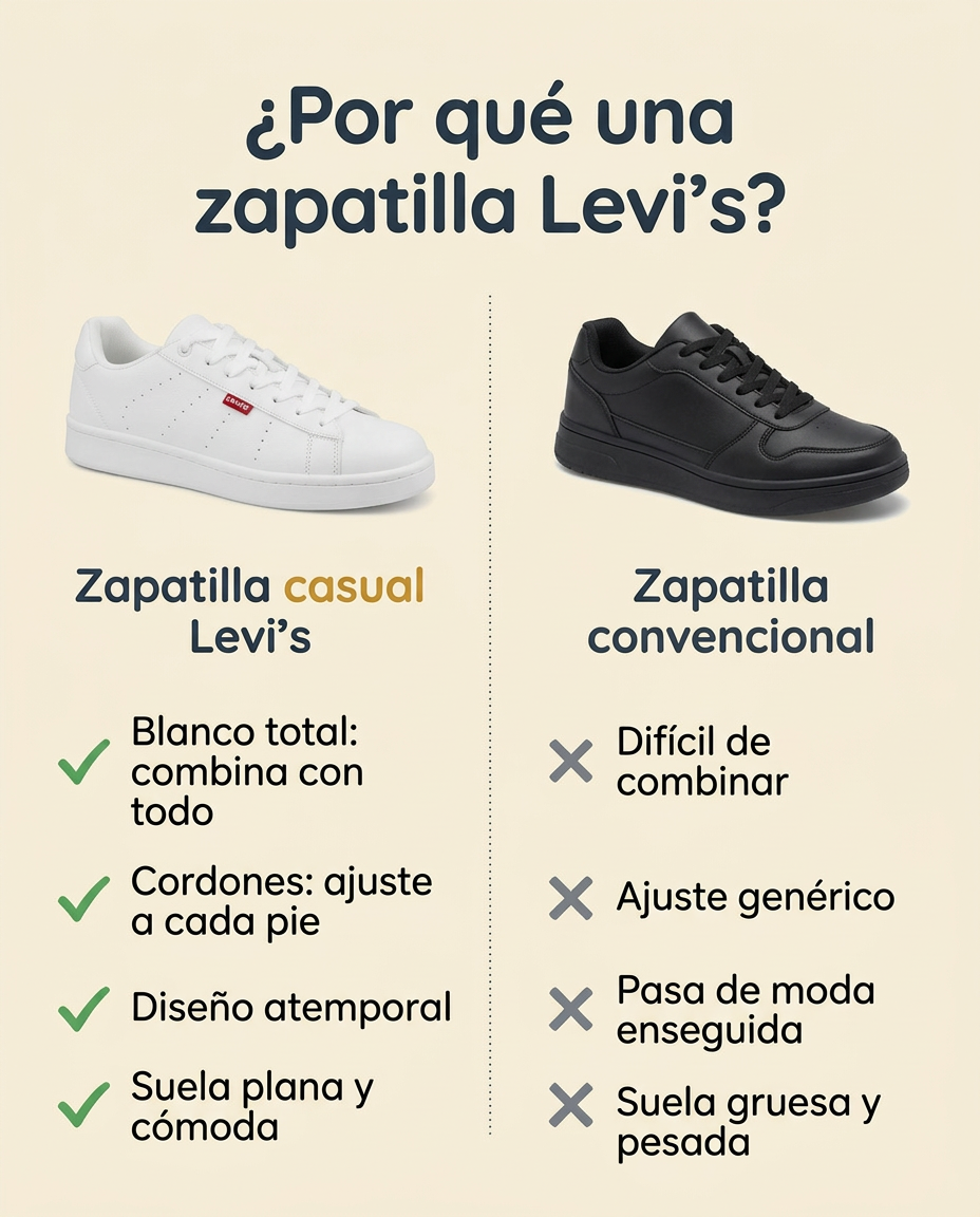 ¿Por qué una zapatilla Levi's? Blanco total, cordones, diseño atemporal y suela plana frente a una zapatilla convencional