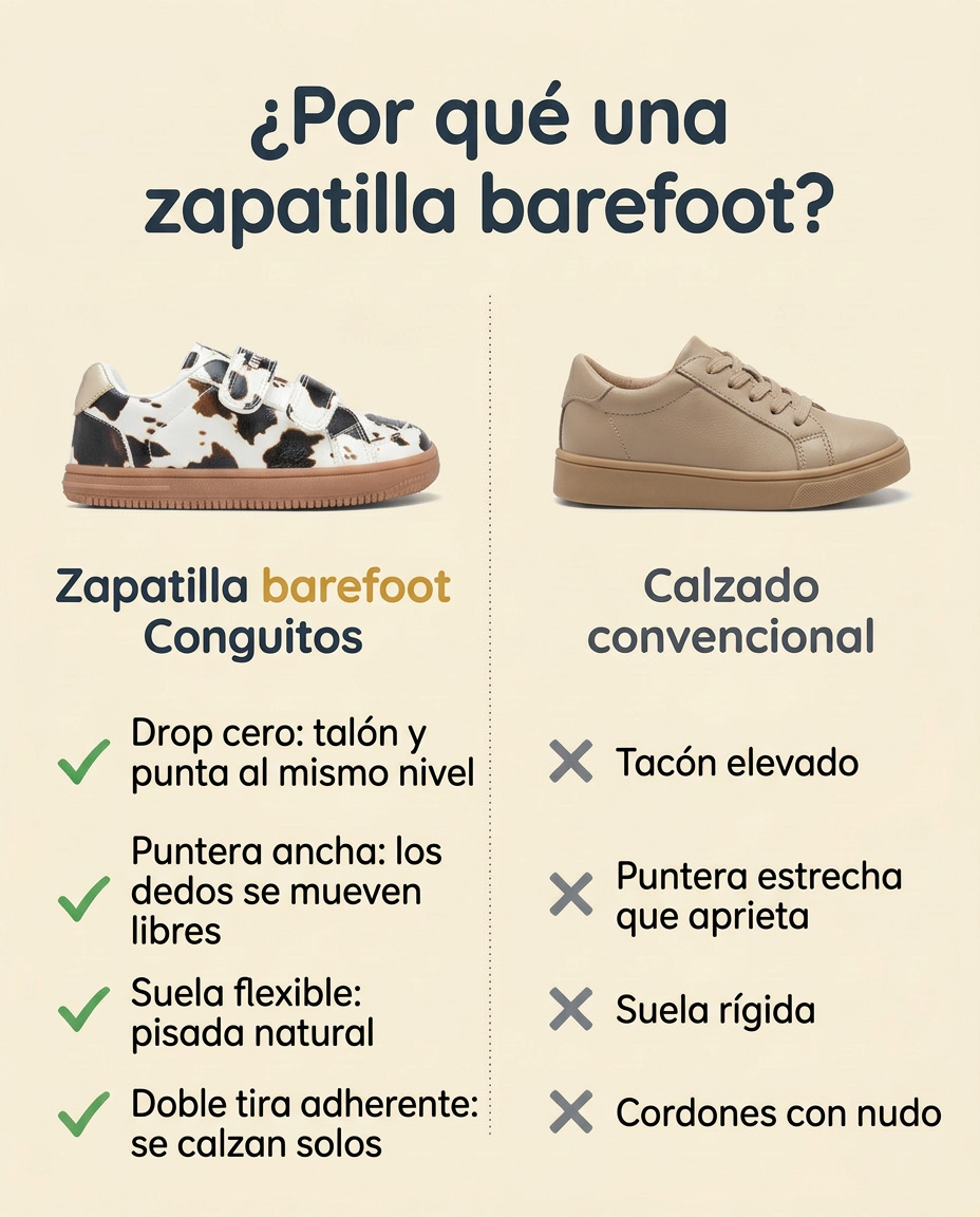 ¿Por qué una zapatilla barefoot? Conguitos estampado vaca con drop cero, puntera ancha, suela flexible y doble tira adherente frente a un calzado convencional